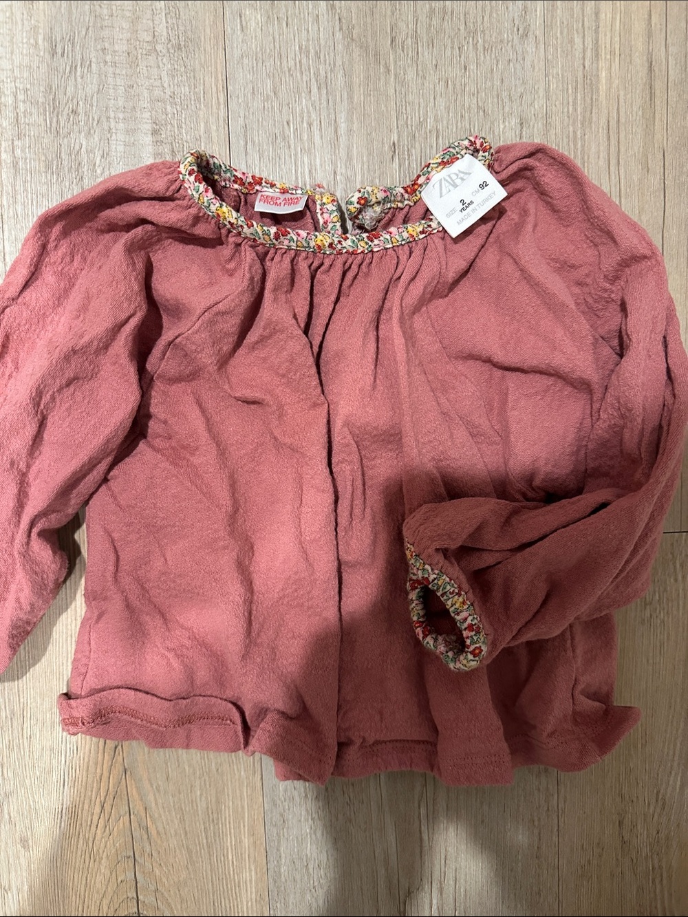 Zara pink floral-trim long sleeve blouse